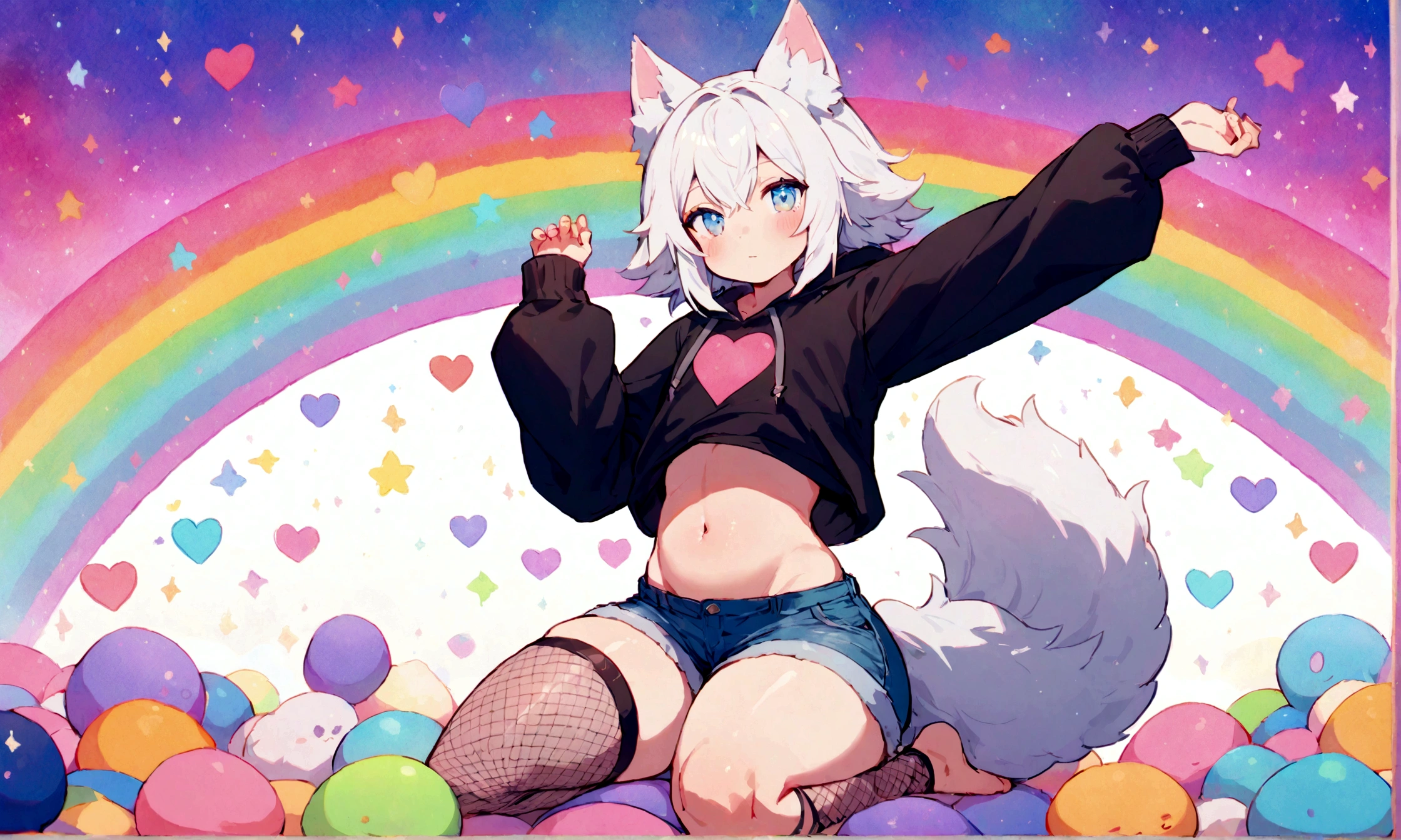 a cute adult male with wolf ears, white hair, has a wolf tail, wearing a loose cropped oversized black hoodie, wearing a pair of denim short shorts and fishnet stockings, thick thighs, wide hips, relaxing on mound of fluffy multi colored kawaii plushies, short, very slim, showing slender tummy, stretching out, heart on hoodie, squishy thighs, has glowing blue eyes. alone, solo (ALONE)(SOLO), surrounded by rainbows, colorful galaxy backround