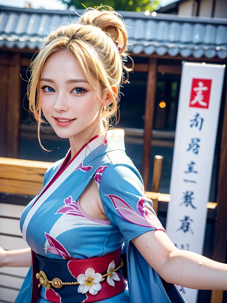 high resolution、 beautiful Woman （Dasha Taran）、Thoughtful expression、Clear photos、Realistic photos、Blonde Hair、Blue Eyes、Smiling kindly at the audience、High resolution、Dynamic Movement、Highly realistic photos、Extremely detailed depiction、The body is wet、nice smile、Kyoto cityscape、Fashionable kimono、Oiran