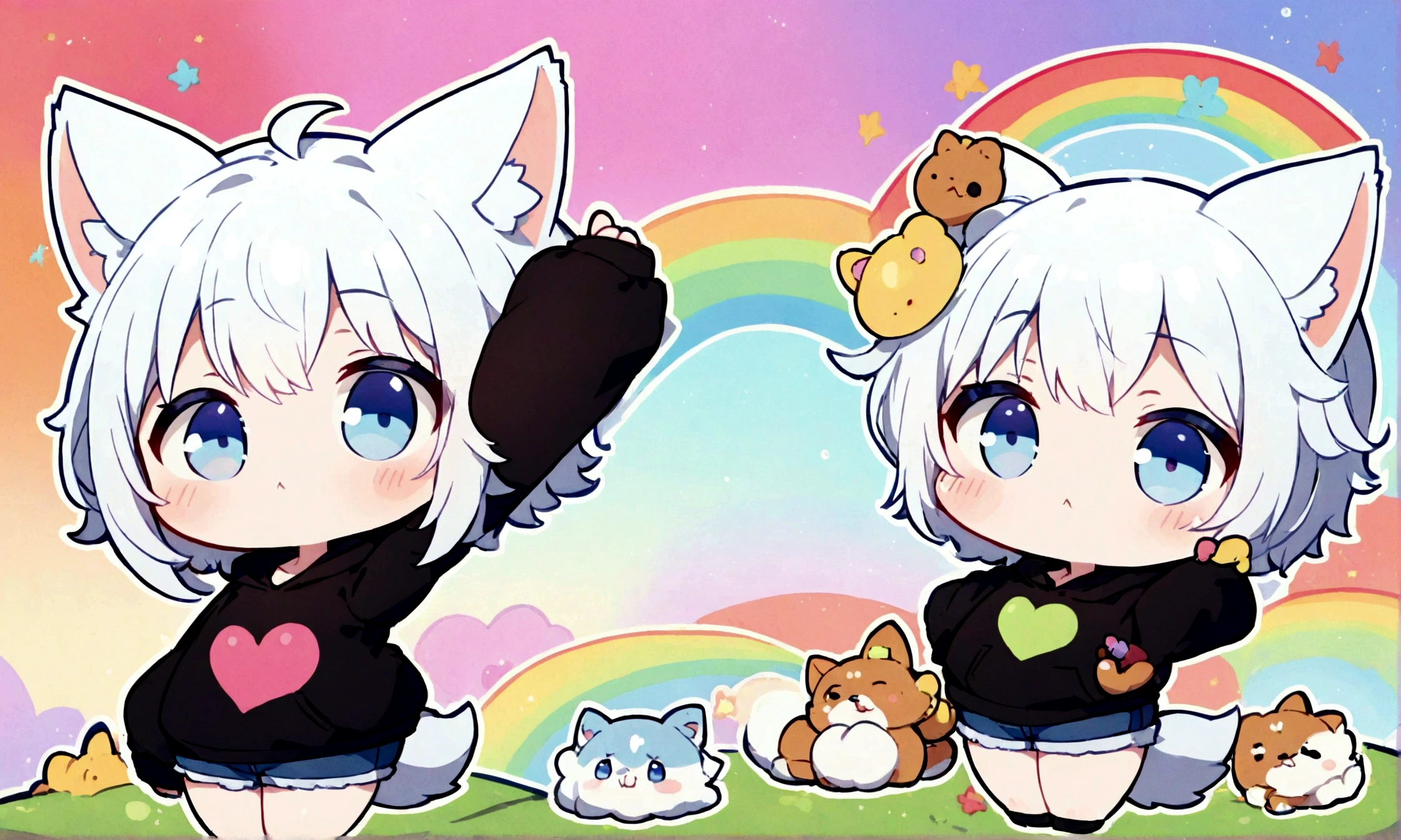 a cute chibi style adult male with wolf ears, white hair, has a wolf tail, wearing a loose cropped oversized black hoodie, wearing a pair of denim short shorts and fishnet stockings, thick thighs, wide hips, relaxing on mound of fluffy multi colored kawaii plushies, short, very slim, showing slender tummy, stretching out, heart on hoodie, squishy thighs, has glowing blue eyes. alone, solo (ALONE)(SOLO), surrounded by rainbows, colorful galaxy backround
