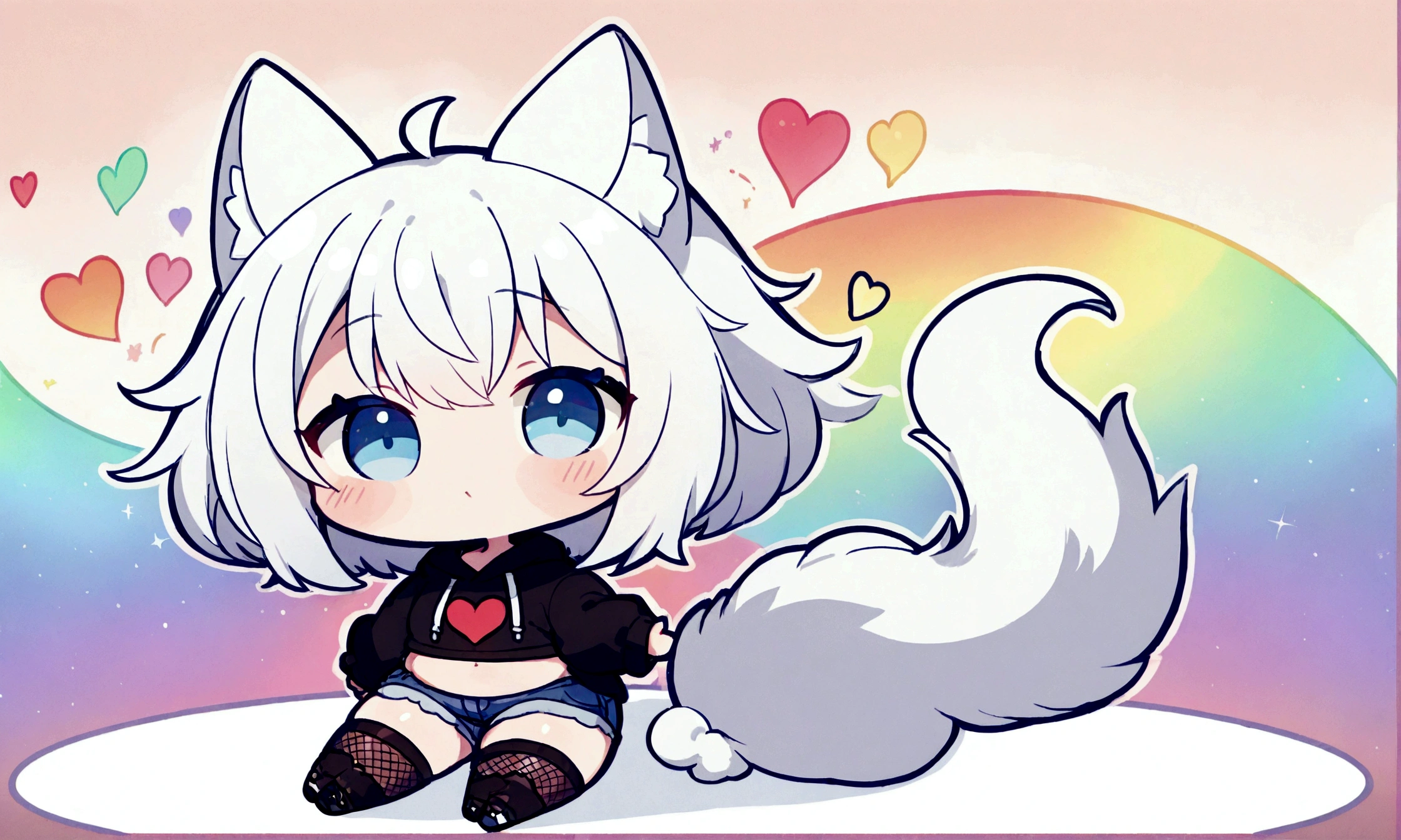 a cute chibi style adult male with wolf ears, white hair, has a wolf tail, wearing a loose cropped oversized black hoodie, wearing a pair of denim short shorts and fishnet stockings, thick thighs, wide hips, relaxing on mound of fluffy multi colored kawaii plushies, short, very slim, showing slender tummy, stretching out, heart on hoodie, squishy thighs, has glowing blue eyes. alone, solo (ALONE)(SOLO), surrounded by rainbows, colorful galaxy backround