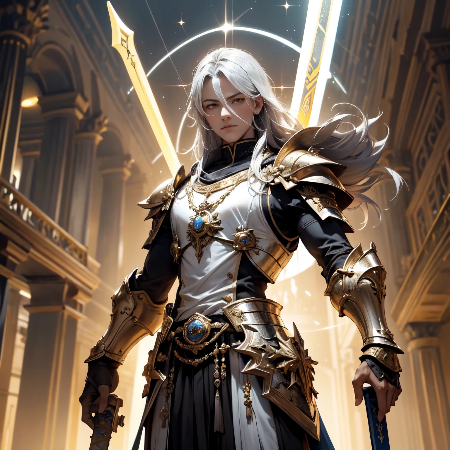 Crie uma imagem digital ultra HD de 8K de um nobre cavaleiro sagrado do rei. Ele tem cabelos castanhos escuros, curtos e bem cuidados, e olhos azuis profundos. His armor is shining silver, adorned with gold details and royal insignia. Uma capa azul real com bordados dourados desce de seus ombros. In the weapons hall, o cavaleiro empunha a Espada de Zeus. The sword is made of celestial gold and emits golden rays, with divine inscriptions along the blade that shine brightly. The hilt of the sword is adorned with small rays and lightning., simbolizando seu poder supremo. He holds the sword in an inspection pose, pronto para usar seu poder supremo, while electric sparks dance around you. The Sword of Zeus is known for its ability to control thunder and lightning, e uma aura de poder divino emana dela. The weapons hall is impressive, with rows of armor and weapons arranged on display. Escudos, swords and spears from various eras are arranged along the walls. Tapestries depicting glorious battles adorn the space, and oil lamps illuminate the scene with a soft light. The image must capture the grandeur and tradition of the weapons hall, highlighting the knight's interaction with the Sword of Zeus.