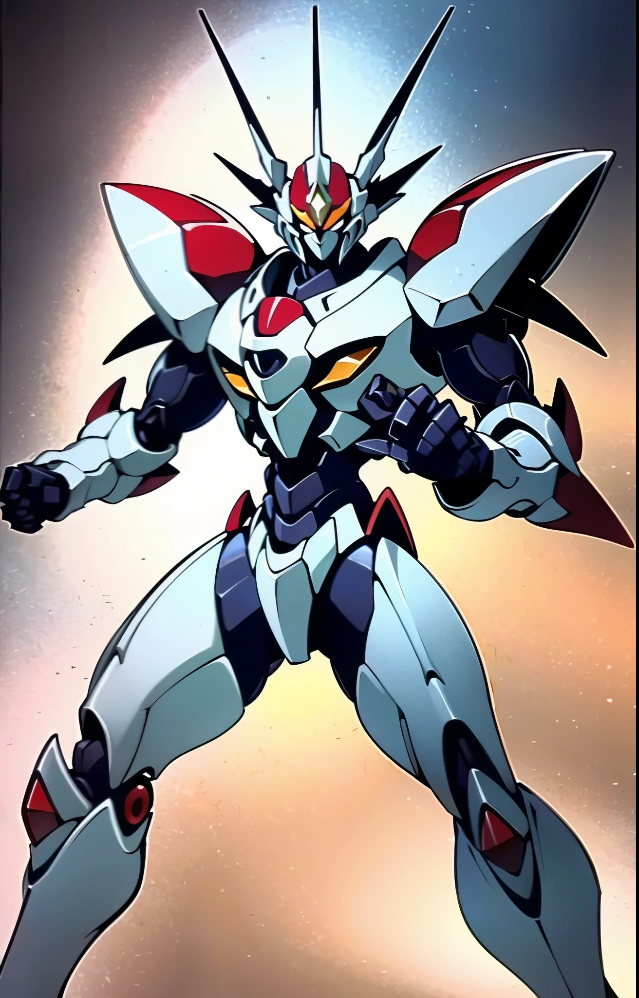 Humanoid Mecha, fully enclosed shoulder guards, matching arm and leg guards, full body, full armor, super robot, the design balances heavy with agility, (the color scheme is primarily white with red and blue accents, the concept Inspired by super robot, organic biotech chest armor, pose, standing, floating high above the futuristic sci-fi city), exquisite and mature art style, (aura effect, energy, glowing eyes, the armor glows), ((SRS)), metallic, dynamic angle, dynamic composition, dramatic, high definition, best quality, highres, ultra-detailed, ultra-fine painting, extremely delicate, professional, perfect body proportions, anatomically correct, symmetrical face, extremely detailed eyes and face, high quality eyes, creativity, RAW photo, UHD, 32k, Natural light, cinematic lighting, masterpiece-anatomy-perfect, masterpiece:1.5