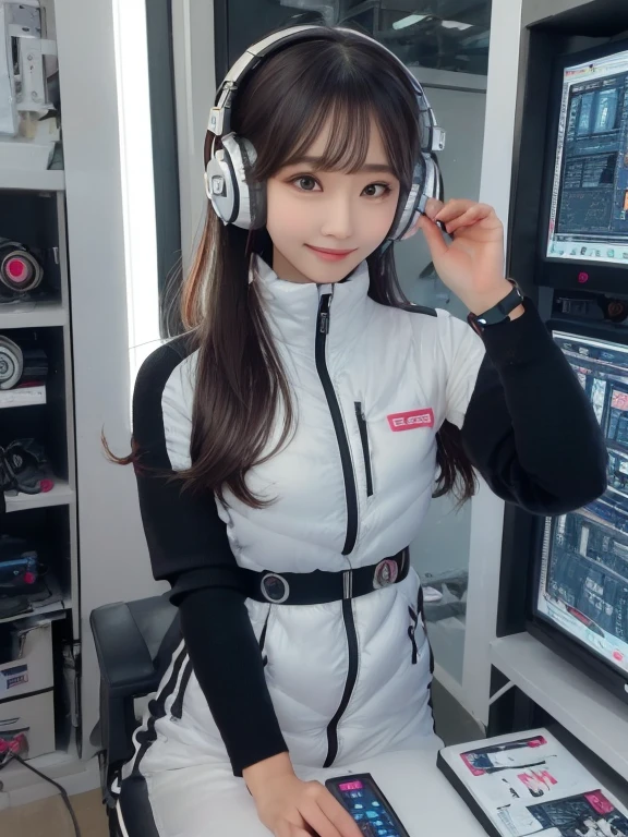 masterpiece, highest quality, Very detailed, 8K Portrait,Japanese Android Girl,plump , Control panel,Robotic arms and legs, Blunt bangs,,break (Metallic Gray, Metallic luster, Mirror finish, Astro Best):5,headphone:5,break (Black sleeves):100,Smart Watches,Futuristic space station,Control Room,break headphone,blue eyes,(Black Hair):2,(Long Hair):1.3,View the viewer,(respirator),break blush:3,Hidden Hand,smile