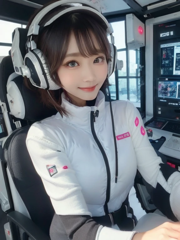 masterpiece, highest quality, Very detailed, 8K Portrait,Japanese Android Girl,plump , Control panel,Robotic arms and legs, Blunt bangs,,break (Metallic Gray, Metallic luster, Mirror finish, Astro Best):5,headphone:5,break (Black sleeves):100,Smart Watches,Futuristic space station,Control Room,break headphone,blue eyes,(Black Hair):2,(Long Hair):1.3,View the viewer,(respirator),break blush:3,Hidden Hand,smile