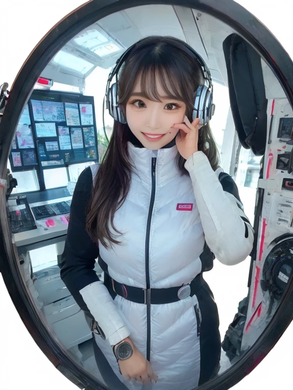 masterpiece, highest quality, Very detailed, 8K Portrait,Japanese Android Girl,plump , Control panel,Robotic arms and legs, Blunt bangs,,break (Metallic Gray, Metallic luster, Mirror finish, Astro Best):5,headphone:5,break (Black sleeves):100,Smart Watches,Futuristic space station,Control Room,break headphone,blue eyes,(Black Hair):2,(Long Hair):1.3,View the viewer,(respirator),break blush:3,Hidden Hand,smile