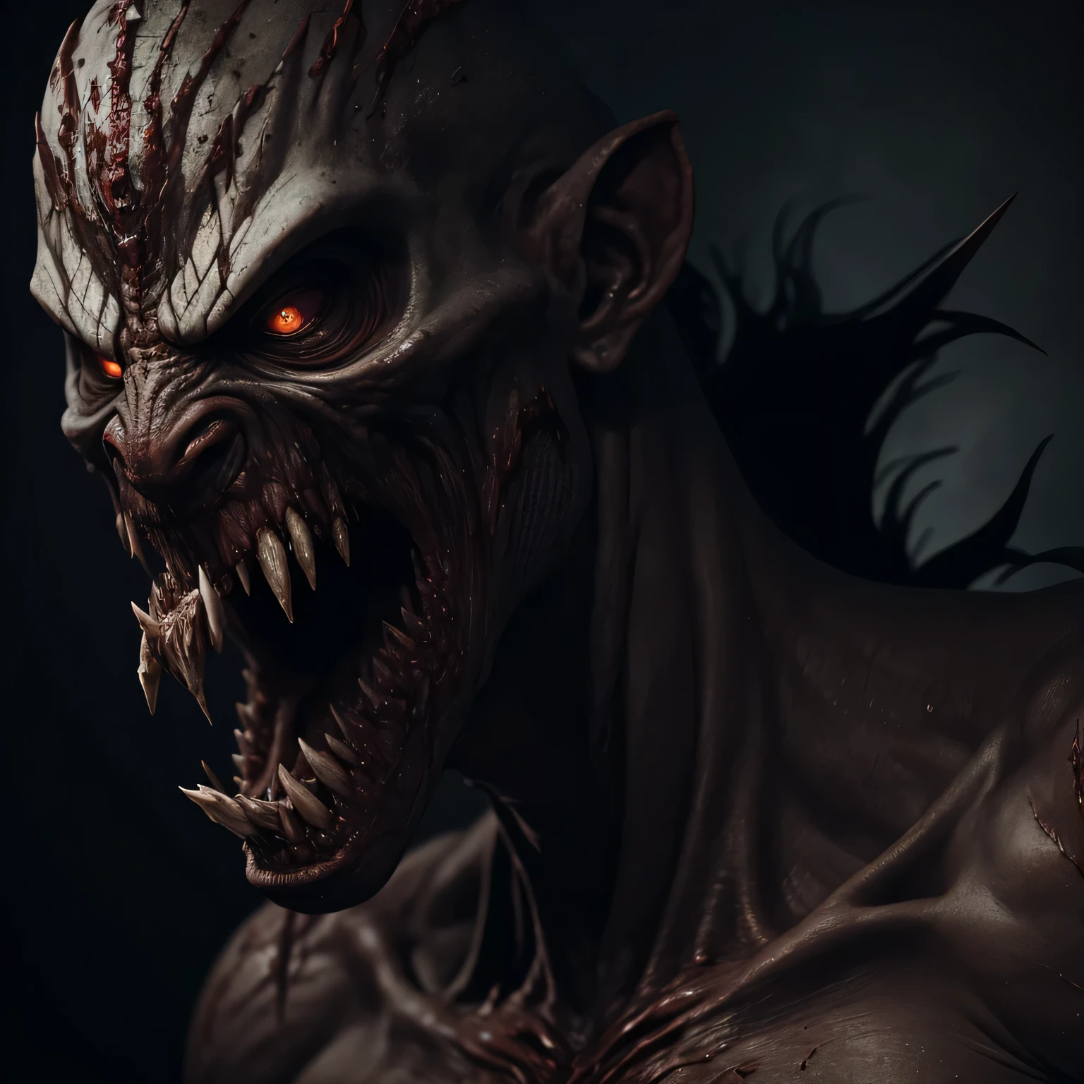 hyper-realistic digital image of a monstrous creature with pale, cracked skin, covered in bloody scars. The creature should have a grotesquely large mouth filled with sharp, jagged teeth arranged in a menacing manner. The expression should be fierce and intimidating, with meticulous details that emphasize the texture of the skin and the brutality of the wounds. The background should be dark and grim, further highlighting the terrifying figure of the creature