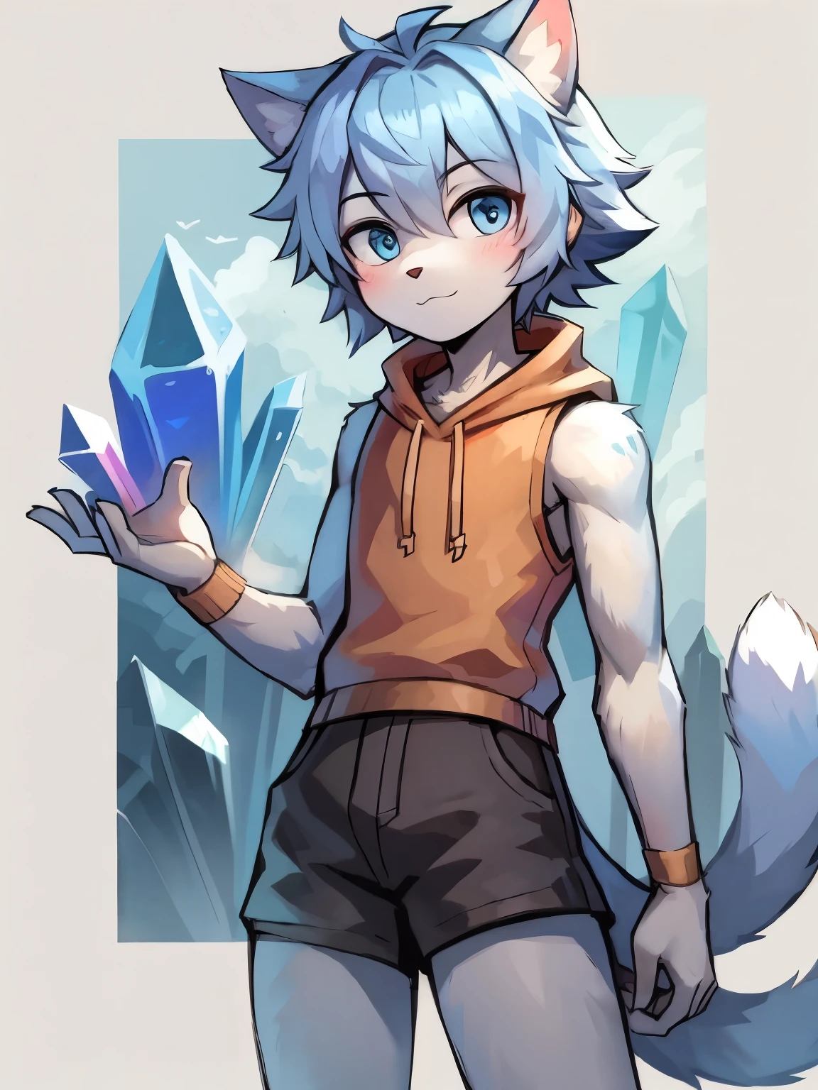 Highres, Masterpiece, Best quality at best,High-quality illustrations, Best Quality, Furry,Cat boy,White fur,crystal blue eyes,Single fluffy tail,greyt hair,short detailed hair, Sleeveless hodie, uhd