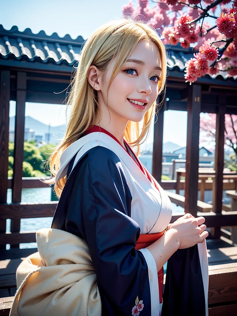 high resolution、 beautiful Woman （Dasha Taran）、Thoughtful expression、Clear photos、Realistic photos、Blonde Hair、Blue Eyes、Smiling kindly at the audience、High resolution、Dynamic Movement、Highly realistic photos、Extremely detailed depiction、The body is wet、nice smile、Kyoto cityscape、Fashionable kimono、Oiran