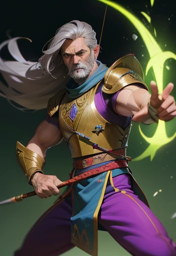 high-quality, breathtaking),(expressive eyes, perfect face) Symmetrical Eyes, 1 Homem Adulto de idade 46 anos, strong male indigenous warrior he has an exaggerated long hair gray color eyes purple color, ele tem pinturas tribais no peito e no rosto, he has armor on his tibia, he has armor on his forearm, He wears tight-fitting pants made of green fabric, he has a long indigenous fabric thong, He's gesturing with his hands , he uses a magic bow and arrow of light