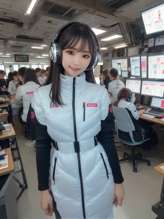 masterpiece, highest quality, Very detailed, 8K Portrait,Japanese Android Girl,plump , Control panel,Robotic arms and legs, Blunt bangs,,break (Metallic Gray, Metallic luster, Mirror finish, Astro Best):5,headphone:5,break (Black sleeves):100,Smart Watches,Futuristic space station,Control Room,break headphone,blue eyes,(Black Hair):2,(Long Hair):1.3,View the viewer,(respirator),break blush:3,Hidden Hand,smile