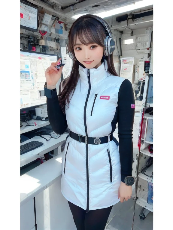 masterpiece, highest quality, Very detailed, 8K Portrait,Japanese Android Girl,plump , Control panel,Robotic arms and legs, Blunt bangs,,break (Metallic Gray, Metallic luster, Mirror finish, Astro Best):5,headphone:5,break (Black sleeves):100,Smart Watches,Futuristic space station,Control Room,break headphone,blue eyes,(Black Hair):2,(Long Hair):1.3,View the viewer,(respirator),break blush:3,Hidden Hand,smile