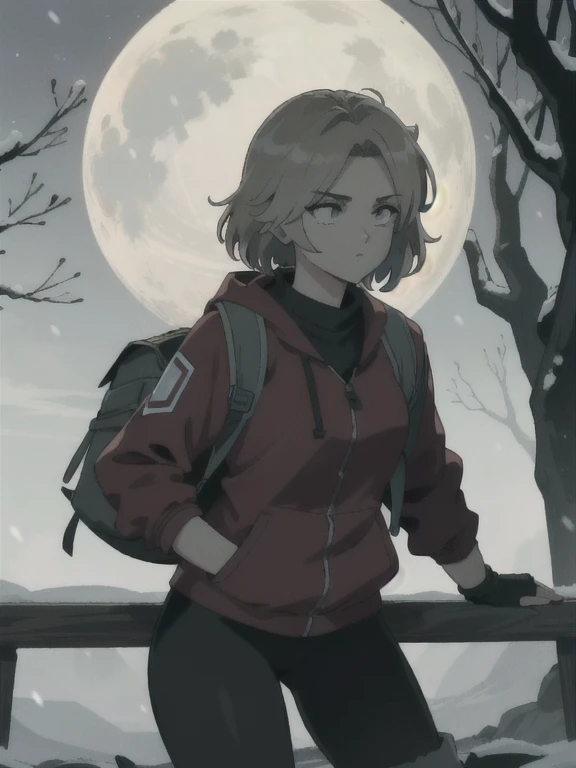 ((Best quality)), ((Masterpiece)), (detailed), (4K quality), (Detailed face:1.2), (Detailed eyes:1.2), (Perfect figure:1.2), 1girl, UDSam, solo, short hair, blonde hair, (Wearing: Red jacket, white leggings, fingerless gloves, snow boots and backpack), dark, gloomy dramatic, spooky lighting with lot of fog, foggy and snowing weather snowy, blizzard, in a forest, night time with huge white moon, upper body shot
