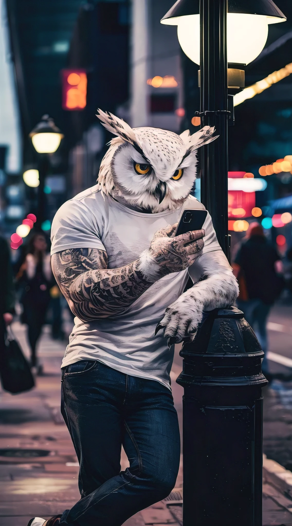 A striking, photorealistic illustration of an anime-style humanoid owl, with white feathers and a full sleeve tattoo on one arm. It dons a trendy t-shirt and jeans, exuding an urban, stylish vibe. The owl is leaning casually against a lamp post in a bustling city, peering intently at its smartphone. The background is filled with cityscape elements, such as modern buildings, streetlights, and passersby, creating a dynamic and lively atmosphere., anime, illustration
