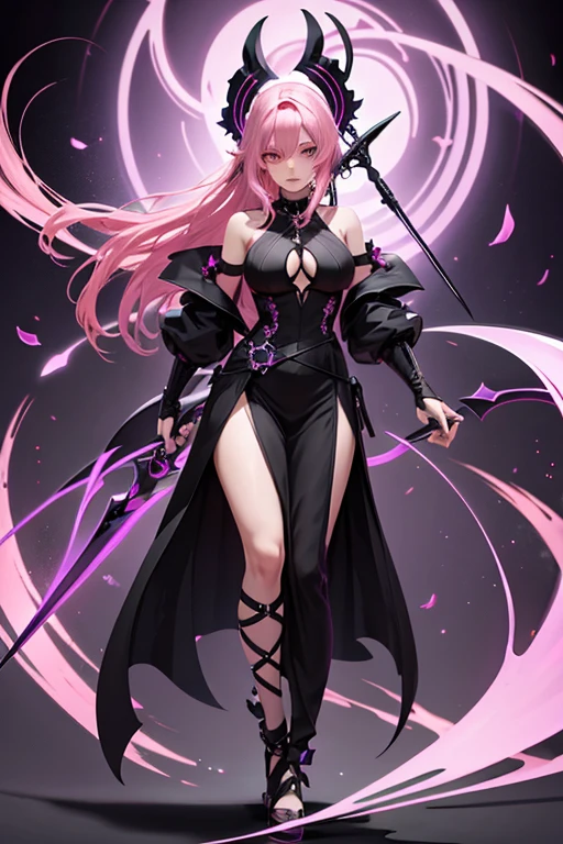 A pink haired reaper with violet eyes and an hourglass figure in a black flowing gown is running with her scythe