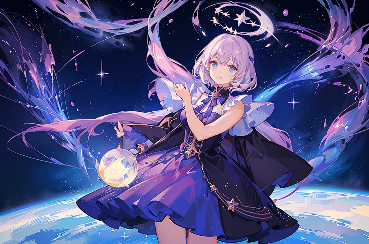 Anime girl with a star and a wand on her head, sparkling magical girl, portrait of the magical girl, beautiful celestial mage, Detailed key anime art, Trending on ArtStation pixiv, magical , guweiz on pixiv artstation, high detailed official artwork, Cute anime waifu in a nice dress, Pixiv Contest Winner, anime goddess, official anime artwork