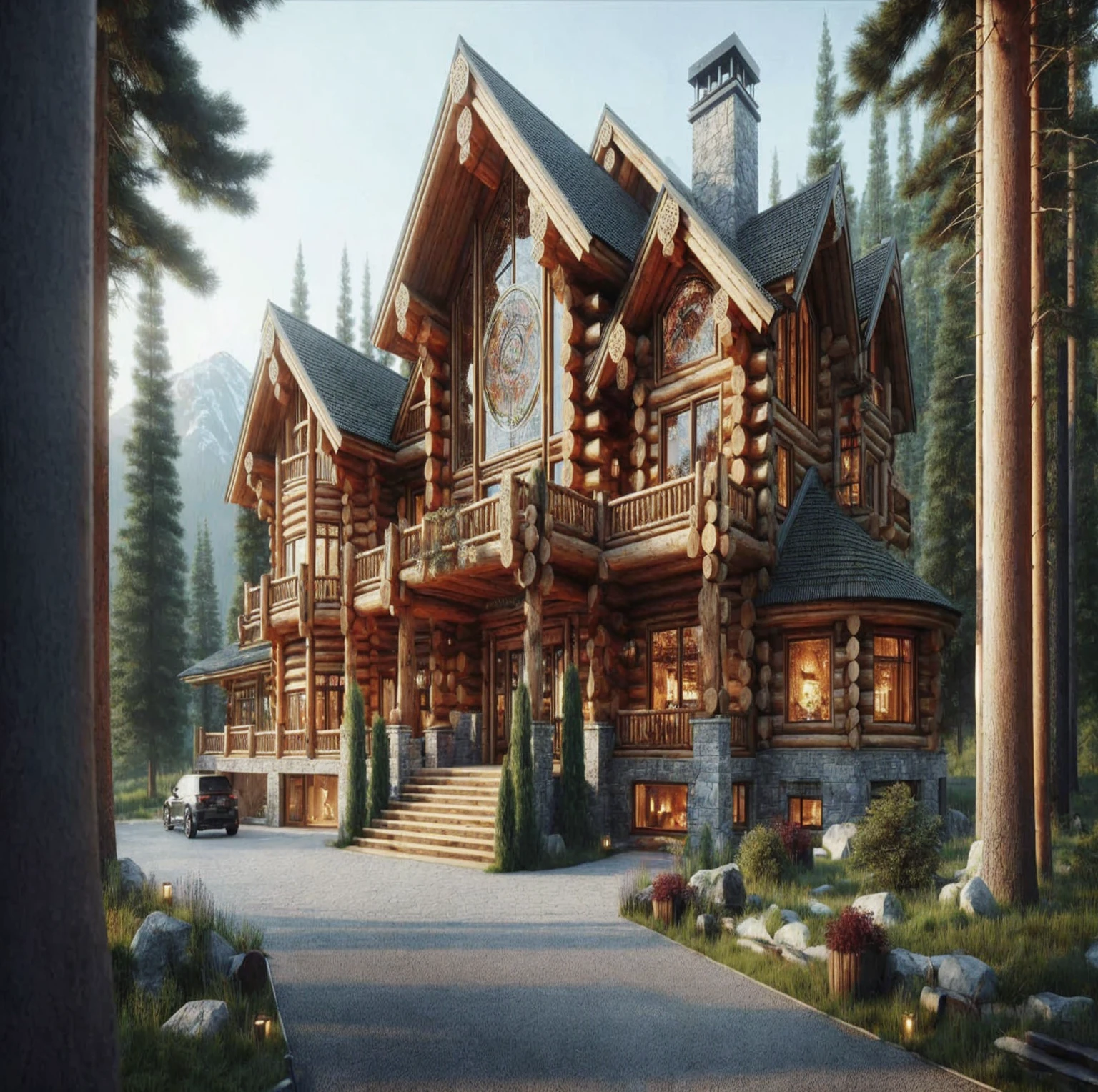 a huge log cabin in a forest high in the mountains, aged wood, intricate outdoor fireplace design, wraparound driveway, stained glass windows, large 50,000 sq.ft. modern style mansion, large snowfall, snow scene, photorealistic, extremely detailed, 8k, (best quality, 4k, 8k, highres, masterpiece:1.2), ultra-detailed, (realistic, photorealistic, photo-realistic:1.37), HDR, UHD, studio lighting, ultra-fine painting, sharp focus, physically-based rendering, extreme detail description, professional, vivid colors, bokeh, landscape