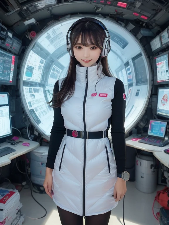 masterpiece, highest quality, Very detailed, 8K Portrait,Japanese Android Girl,plump , Control panel,Robotic arms and legs, Blunt bangs,,break (Metallic Gray, Metallic luster, Mirror finish, Astro Best):5,headphone:5,break (Black sleeves):100,Smart Watches,Futuristic space station,Control Room,break headphone,blue eyes,(Black Hair):2,(Long Hair):1.3,View the viewer,(respirator),break blush:3,Hidden Hand,smile
