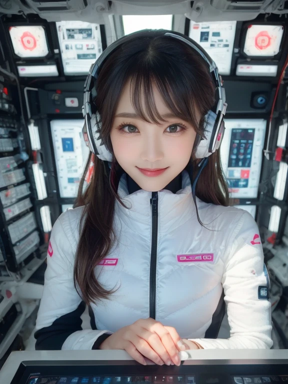 masterpiece, highest quality, Very detailed, 8K Portrait,Japanese Android Girl,plump , Control panel,Robotic arms and legs, Blunt bangs,,break (Metallic Gray, Metallic er, Mirror finish, Astro Best):5,headphone:5,break (Black sleeves):100,Smartches,Futuristic space station,Control Room,break headphone,blue eyes,(Black Hair):2,(Long Hair):1.3,View the viewer,(respirator),break blush:3,Hidden Hand,smile
