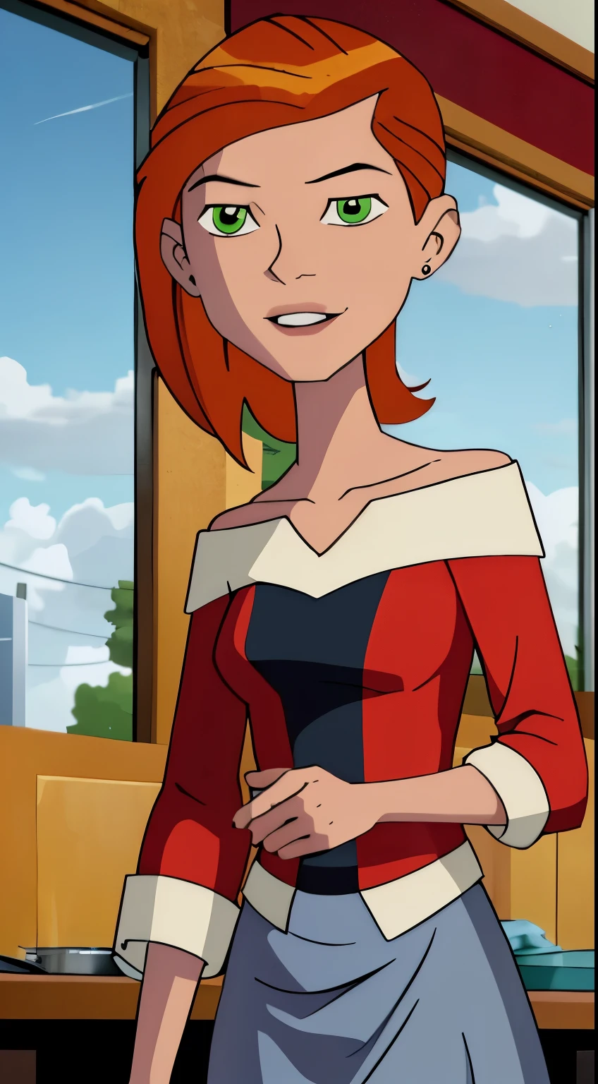 ((Best quality)), ((masterpiece)), (detailed), Portrait of Gwen Tennyson Omniverse. She is a young anime girl with vibrant orange hair and striking green eyes, wearing an off-shoulder gray sweater and a blue skirt. The artwork features a soft anime CG art style, capturing her cute and youthful appearance. She has a beautiful smile that exudes warmth and friendliness. The visual emphasizes her anime moe art style, presenting her as a charming and pretty anime girl. This highly detailed and high-quality portrait showcases her as an animated female character, focusing on her expressive face and delicate features. The background is subtle, ensuring that all attention remains on her captivating anime character design.