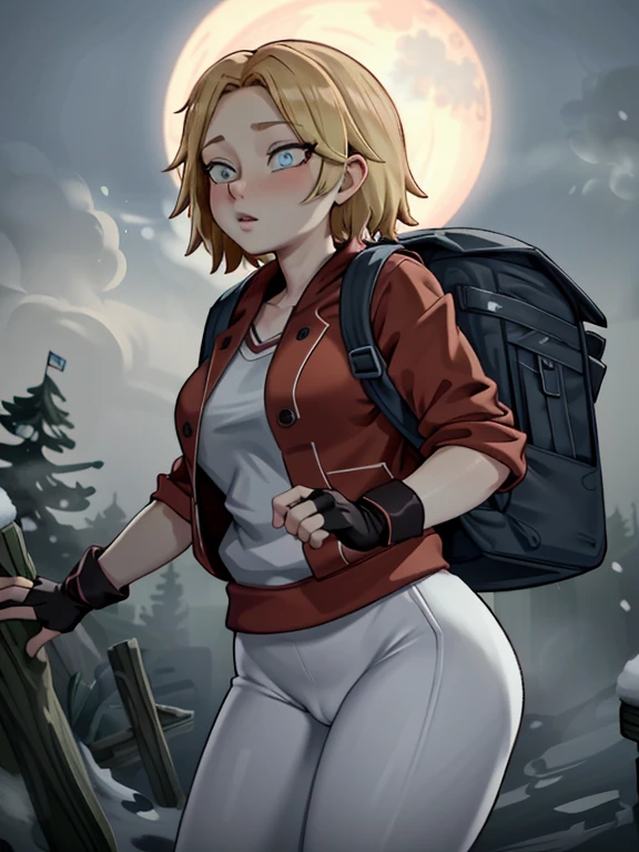 ((Best quality)), ((Masterpiece)), (detailed), intricate, absurdres, highest-quality, extremely-detailed, masterpiece, 8k UHD, 4k HDR, (Detailed face:1.2), (Detailed eyes:1.2), (Perfect figure:1.2), 1girl, UDSam, solo, short hair, blonde hair, (Wearing: Red jacket, white leggings, fingerless gloves, snow boots and backpack), dark, gloomy dramatic, anxious tone, spooky lighting with lot of fog, foggy and snowing weather snowy, blizzard, in a forest, night time with huge white moon, upper body shot, looking at viewer