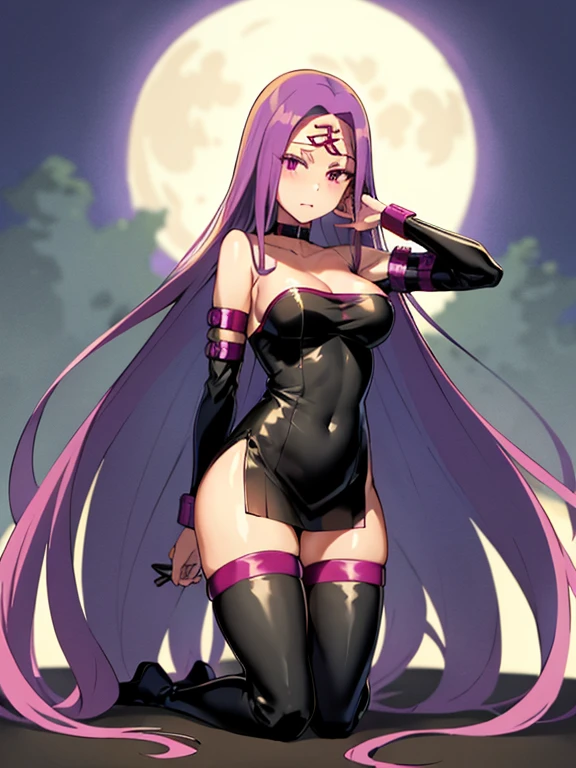 Best Quality, (masutepiece:1.2), Highly detailed,
Fate/Stay in the background, fullmoon、
Medusa_nffsw,
1girl in, Solo,, Looking at the viewer, absurdly long hair, Purple hair, Floating hair,Dress, Short dress, thighs thighs thighs thighs, Strapless,  Detached sleeves, forehead mark, Choker, cleavage、((thigh high boots))、(thigh-high socks))、((Hands behind the head))、((opening legs))、((Chained))、((Kneeling))、((gargantilha))、(whole body Dripping wet)