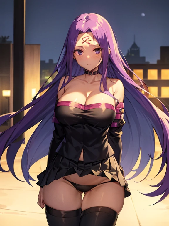 Best Quality, (masutepiece:1.2), Highly detailed,Fate/Stay in the background, Night, Cityscape, city, Moon, Blue theme,Medusa_nffsw,1girl in, Solo, Standing, Looking at the viewer, Closed mouth,absurdly long hair, Purple hair, Floating hair,Dress, Short dress, thighs thighs thighs thighs, Strapless, Detached sleeves, forehead mark, Choker, cleavage、Naughty big、large full breasts、(Skirt lift:1.3), (Black panties:1.3)、(Skirt that rolls up:1.3)、(Fully exposed panties:1.5)