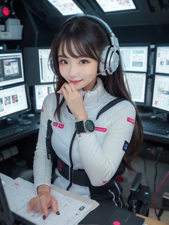 masterpiece, highest quality, Very detailed, 8K Portrait,Japanese Android Girl,plump , Control panel,Robotic arms and legs, Blunt bangs,,break (Metallic Gray, Metallic luster, Mirror finish, Astro Best):5,headphone:5,break (Black sleeves):100,Smart Watches,Futuristic space station,Control Room,break headphone,blue eyes,(Black Hair):2,(Long Hair):1.3,View the viewer,(respirator),break blush:3,Hidden Hand,smile