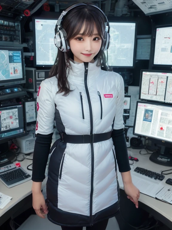 masterpiece, highest quality, Very detailed, 8K Portrait,Japanese Android Girl,plump , Control panel,Robotic arms and legs, Blunt bangs,,break (Metallic Gray, Metallic luster, Mirror finish, Astro Best):5,headphone:5,break (Black sleeves):100,Smart Watches,Futuristic space station,Control Room,break headphone,blue eyes,(Black Hair):2,(Long Hair):1.3,View the viewer,(respirator),break blush:3,Hidden Hand,smile