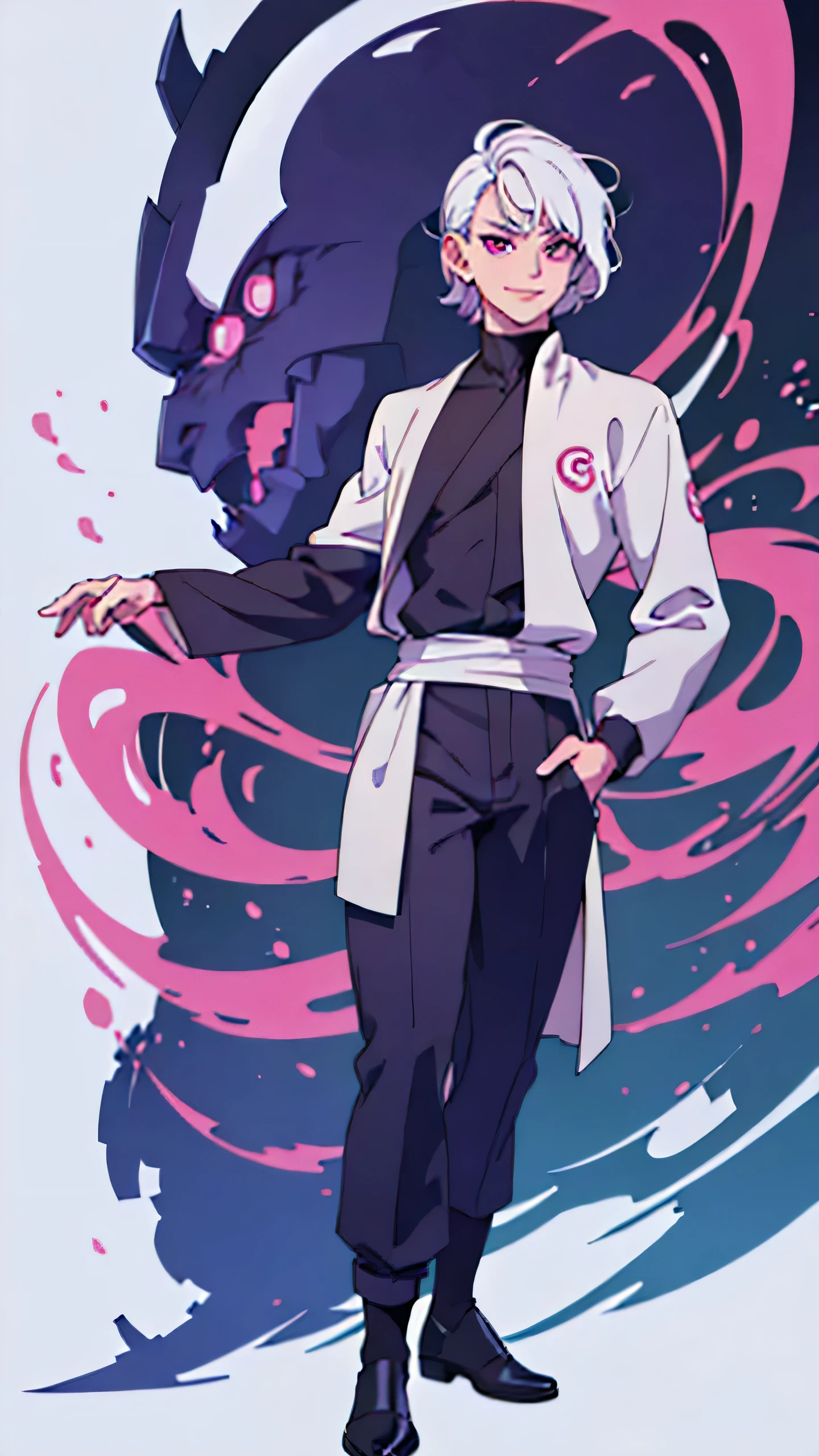 masterpiece, best quality, highres, 1 man, Gojo Satoru jujutsu kaisen, wavy hair, white hair, medium short hair, teenager, colorful hair, light background, full body, teenager, colorful parts, symbols, dark , bold, realistic mixing dark lines and loose lines, bold lines, on paper, human man, dark pink eyes, full body, imposing pose, stylish outfit, symbols, runes , dark theme, beautiful, pretty, modest, standing, male, sharp chin, high cheekbones, white background, defined eyes, ultra detail eyes, muscular, jujutsu high uniform, front view, standing, happy, facing towards, looking straight, looking forward, full face, clean eyes, detailed eyes, hyper realistic eyes, masculine, oval face, smile