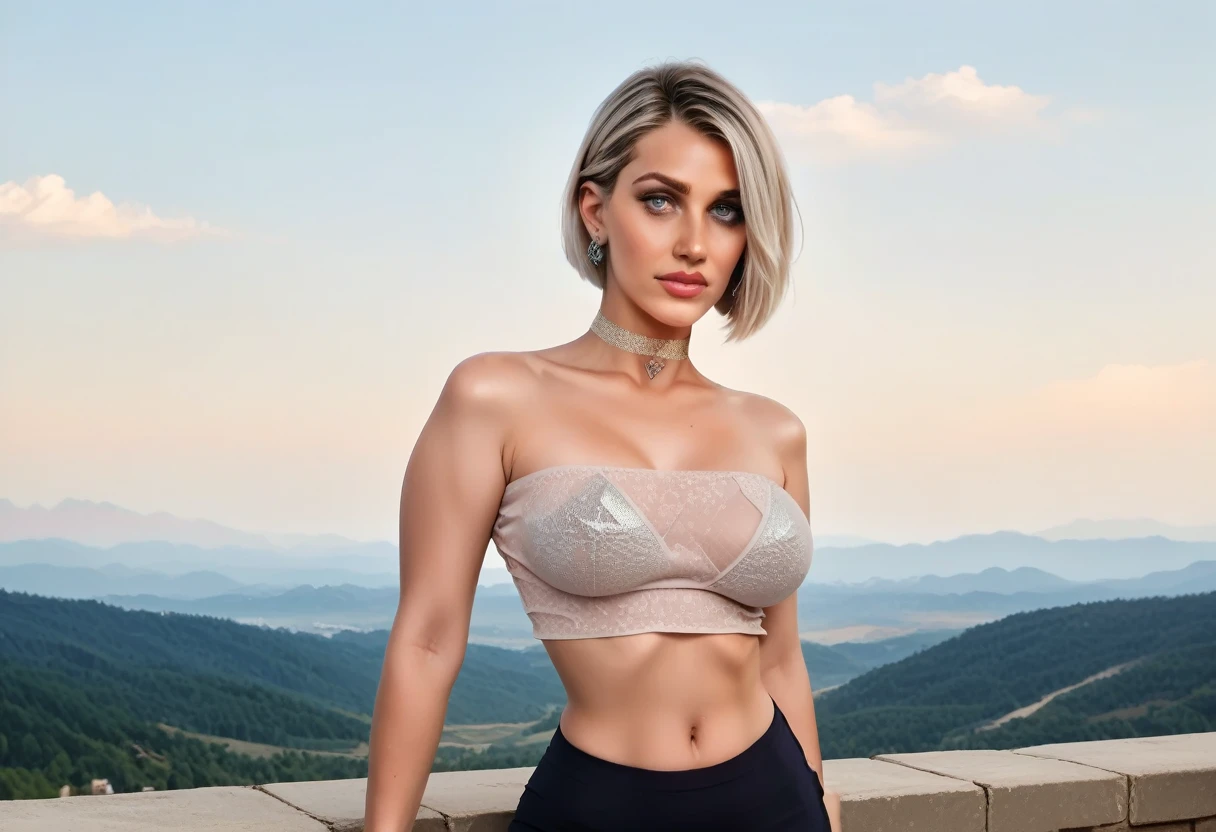 best quality, masterpiece, (photo realistic),extreme realism, milfpeaches, detailed face, (pinup girl pose)1.3, score_9,score_8_up,score_7_up,source_realistic, 1girl,  (asymmetrical hair-length bob haircut), platinum blonde hair, diamond earrings, diamond choker, (braless see-through cropped top), large natural breasts, (sexy belt) ((tight) (black micro-skirt)), red thong (cameltoe)1.2, (black tights, stockings)1.3, high ponytail, cloud, highleg thong, (amazing panorama, sky), thick toned thighs, toned legs, outdoors, day, sky, normal angle, (multiple view:front view), uncensored