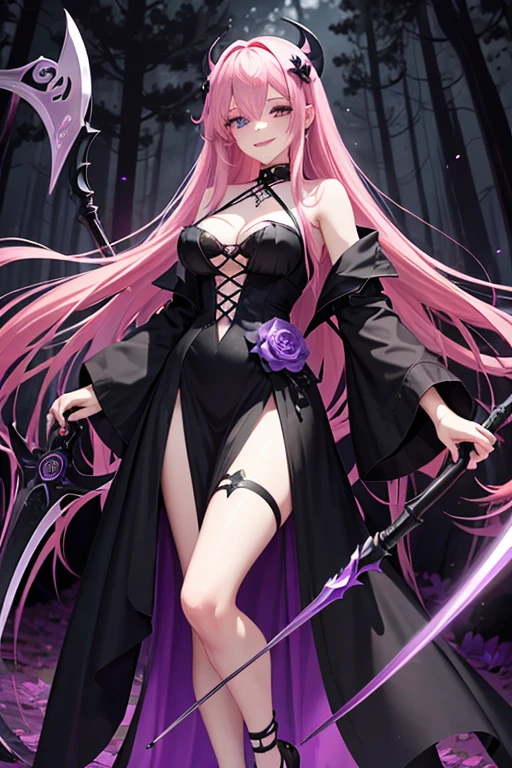 A pink haired reaper with violet eyes and an hourglass figure in a black flowing gown is smiling in creepy forest with her scythe