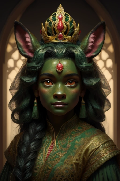 masterpiece,best quality,highest resolution,intricately detailed,deerlike,rich green skin,skin-green,black mane no part,smallest deer-ears,cute doe-eyes,deer-nose,female woman,cute human face,feminine,princess,delicate tiara,white dress,portrait,hands as hooves,masterpiece,best,quality,highest resolution,portrait,digital painting,