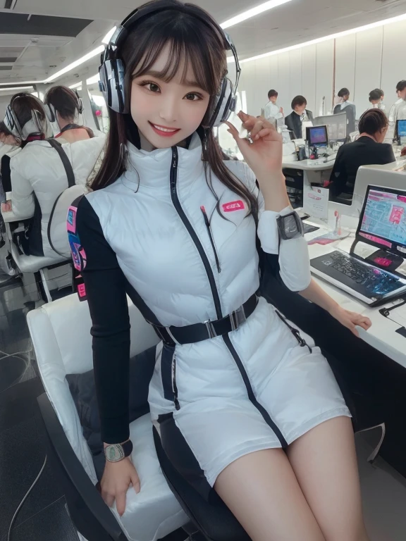 masterpiece, highest quality, Very detailed, 8K Portrait,Japanese Android Girl,plump , Control panel,Robotic arms and legs, Blunt bangs,,break (Metallic Gray, Metallic luster, Mirror finish, Astro Best):5,headphone:5,break (Black sleeves):100,Smart Watches,Futuristic space station,Control Room,break headphone,blue eyes,(Black Hair):2,(Long Hair):1.3,View the viewer,(respirator),break blush:3,Hidden Hand,smile