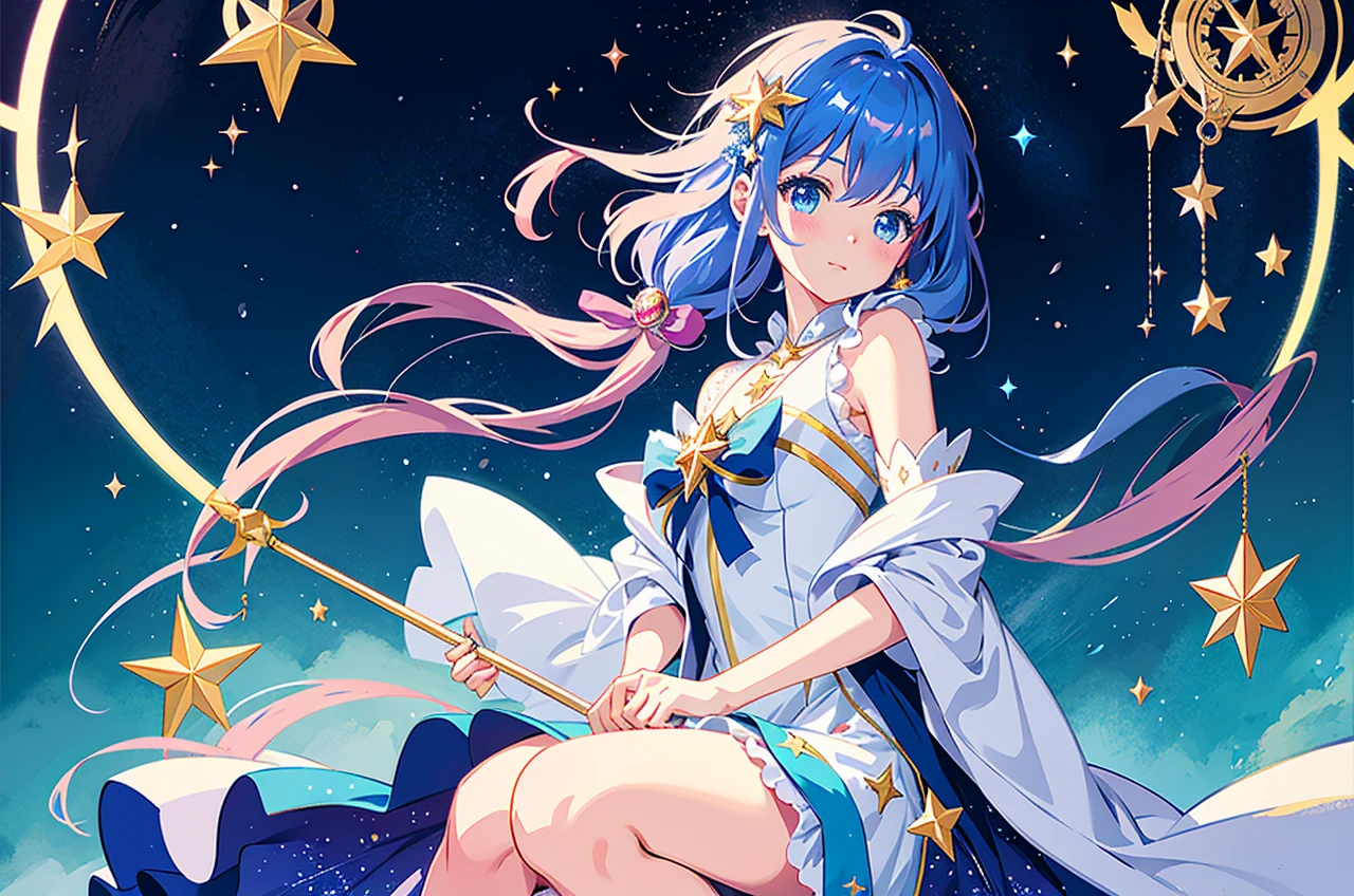 Anime girl with a star and a wand on her head, sparkling magical girl, portrait of the magical girl, beautiful celestial mage, Detailed key anime art, Trending on ArtStation pixiv, magical , guweiz on pixiv artstation, high detailed official artwork, Cute anime waifu in a nice dress, Pixiv Contest Winner, anime goddess, official anime artwork