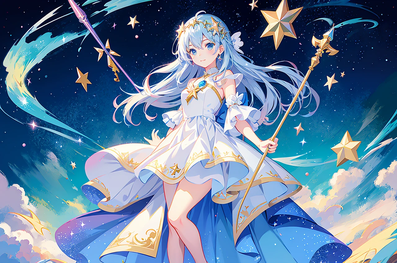 Anime girl with a star and a wand on her head, sparkling magical girl, portrait of the magical girl, beautiful celestial mage, Detailed key anime art, Trending on ArtStation pixiv, magical , guweiz on pixiv artstation, high detailed official artwork, Cute anime waifu in a nice dress, Pixiv Contest Winner, anime goddess, official anime artwork