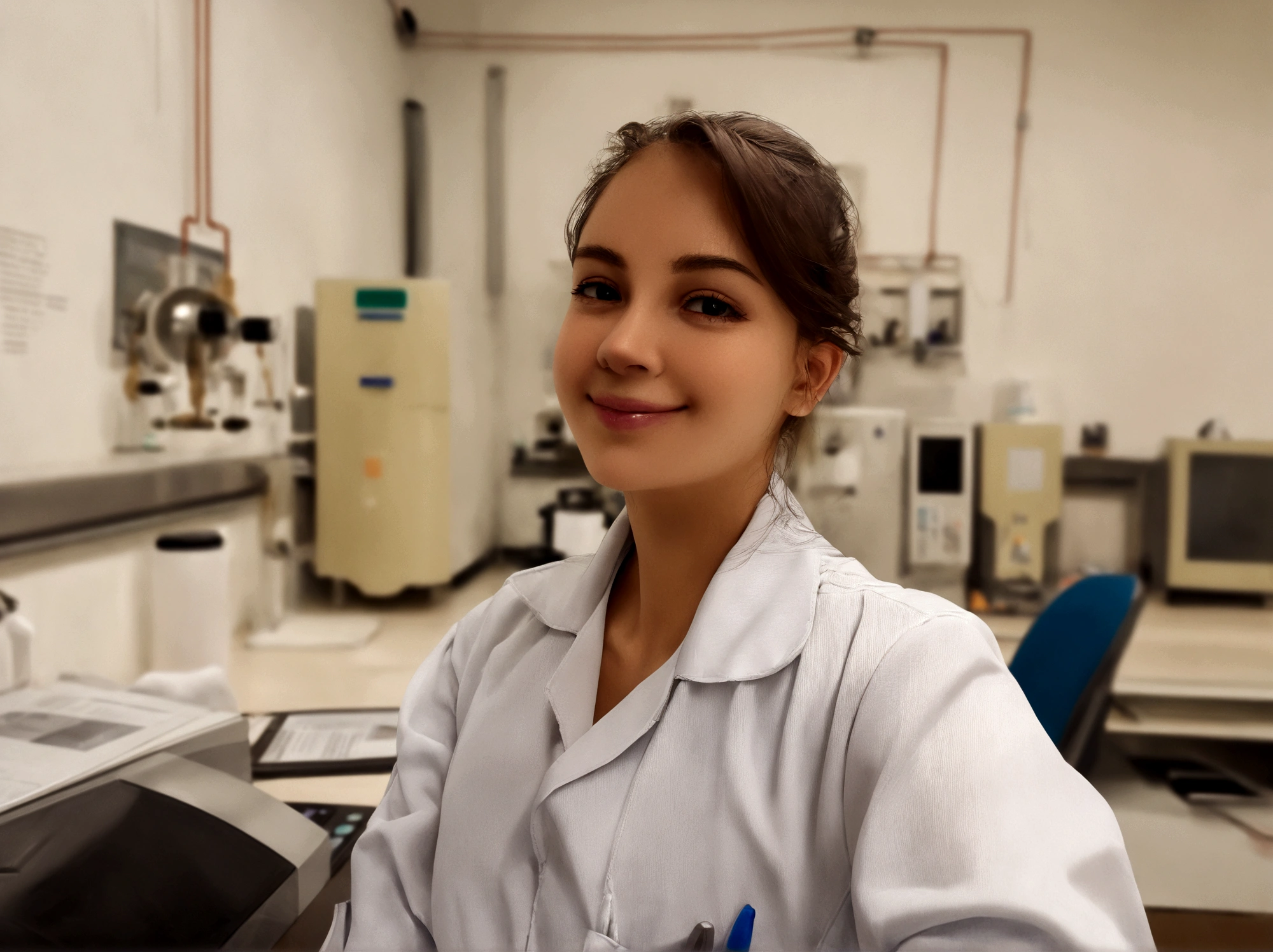 a young woman with dark hair, which is tied back. She has a light complexion and is smiling, giving her an approachable and friendly appearance. Her features are soft and she appears to be in a well-lit laboratory environment, adding to the professional context of the image.