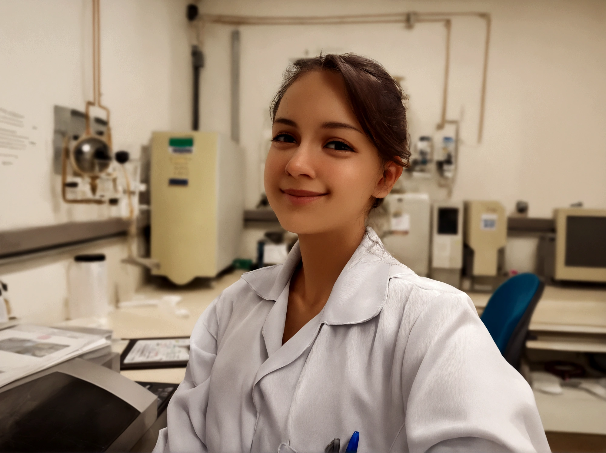 a young woman with dark hair, which is tied back. She has a light complexion and is smiling, giving her an approachable and friendly appearance. Her features are soft and she appears to be in a well-lit laboratory environment, adding to the professional context of the image.