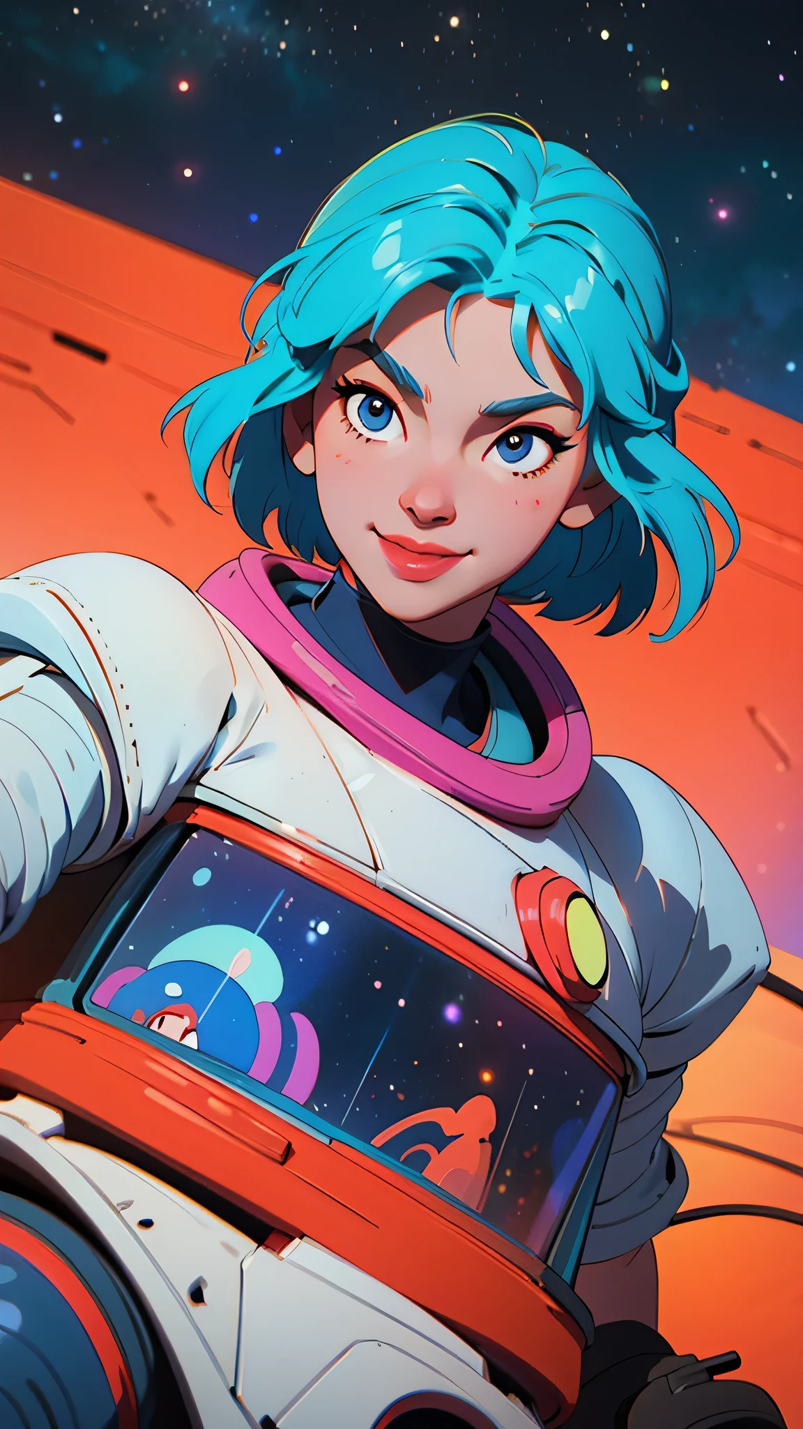 Cartoon-style image of a astronaut of Asian descent, wearing a large, futuristic helmet, playing in a colorful space setting full of stars, planets and nebulae in the background. The should be smiling and fun with vibrant colors. The setting should convey a sense of adventure and discovery.