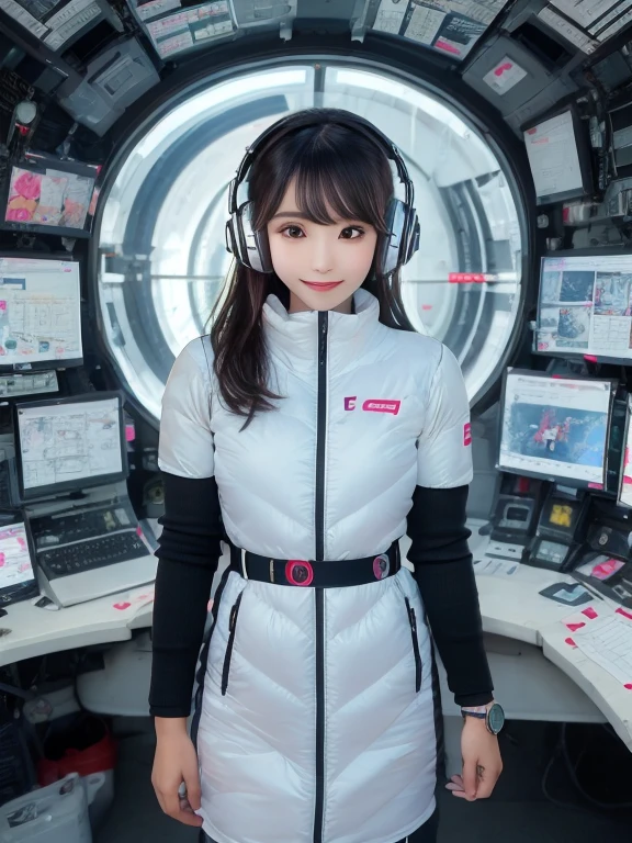 masterpiece, highest quality, Very detailed, 8K Portrait,Japanese Android Girl,plump , Control panel,Robotic arms and legs, Blunt bangs,,break (Metallic Gray, Metallic luster, Mirror finish, Astro Best):5,headphone:5,break (Black sleeves):100,Smart Watches,Futuristic space station,Control Room,break headphone,blue eyes,(Black Hair):2,(Long Hair):1.3,View the viewer,(respirator),break blush:3,Hidden Hand,smile