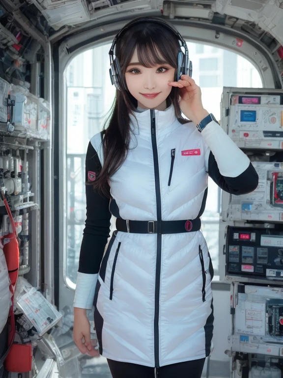masterpiece, highest quality, Very detailed, 8K Portrait,Japanese Android Girl,plump , Control panel,Robotic arms and legs, Blunt bangs,,break (Metallic Gray, Metallic luster, Mirror finish, Astro Best):5,headphone:5,break (Black sleeves):100,Smart Watches,Futuristic space station,Control Room,break headphone,blue eyes,(Black Hair):2,(Long Hair):1.3,View the viewer,(respirator),break blush:3,Hidden Hand,smile