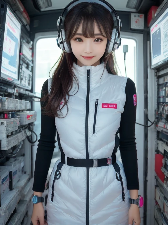 masterpiece, highest quality, Very detailed, 8K Portrait,Japanese Android Girl,plump , Control panel,Robotic arms and legs, Blunt bangs,,break (Metallic Gray, Metallic luster, Mirror finish, Astro Best):5,headphone:5,break (Black sleeves):100,Smart Watches,Futuristic space station,Control Room,break headphone,blue eyes,(Black Hair):2,(Long Hair):1.3,View the viewer,(respirator),break blush:3,Hidden Hand,smile