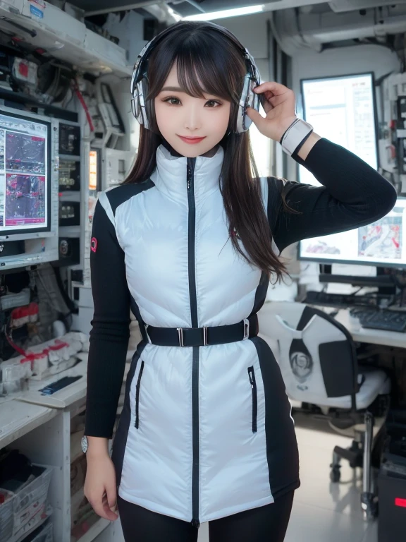 masterpiece, highest quality, Very detailed, 8K Portrait,Japanese Android Girl,plump , Control panel,Robotic arms and legs, Blunt bangs,,break (Metallic Gray, Metallic luster, Mirror finish, Astro Best):5,headphone:5,break (Black sleeves):100,Smart Watches,Futuristic space station,Control Room,break headphone,blue eyes,(Black Hair):2,(Long Hair):1.3,View the viewer,(respirator),break blush:3,Hidden Hand,smile