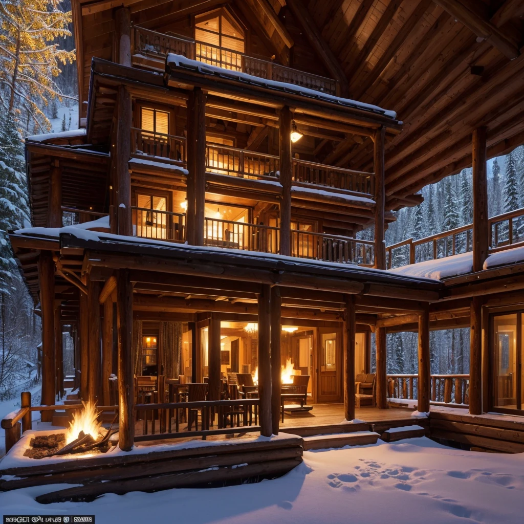 a huge log cabin in a forest high in the mountains, aged wood, intricate outdoor fireplace design, wraparound driveway, stained glass windows, large 50,000 sq.ft. modern style mansion, large snowfall, snow scene, photorealistic, extremely detailed, 8k, (best quality, 4k, 8k, highres, masterpiece:1.2), ultra-detailed, (realistic, photorealistic, photo-realistic:1.37), HDR, UHD, studio lighting, ultra-fine painting, sharp focus, physically-based rendering, extreme detail description, professional, vivid colors, bokeh, landscape