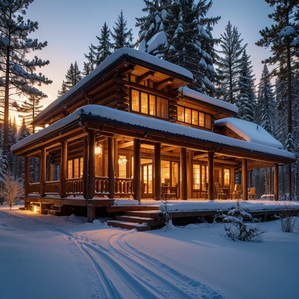 a huge log cabin in a forest high in the mountains, aged wood, intricate outdoor fireplace design, wraparound driveway, stained glass windows, large 50,000 sq.ft. modern style mansion, large snowfall, snow scene, photorealistic, extremely detailed, 8k, (best quality, 4k, 8k, highres, masterpiece:1.2), ultra-detailed, (realistic, photorealistic, photo-realistic:1.37), HDR, UHD, studio lighting, ultra-fine painting, sharp focus, physically-based rendering, extreme detail description, professional, vivid colors, bokeh, landscape