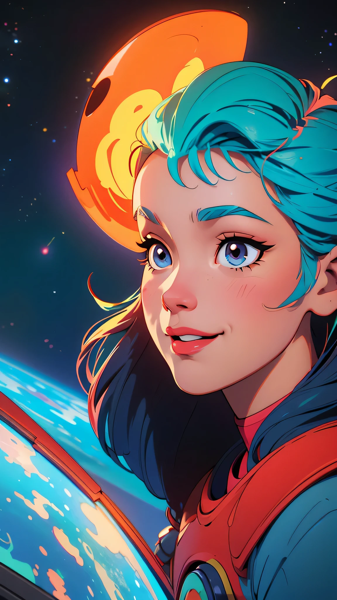 Cartoon-style image of a astronaut of Asian descent, wearing a large, futuristic helmet, playing in a colorful space setting full of stars, planets and nebulae in the background. The should be smiling and fun with vibrant colors. The setting should convey a sense of adventure and discovery.