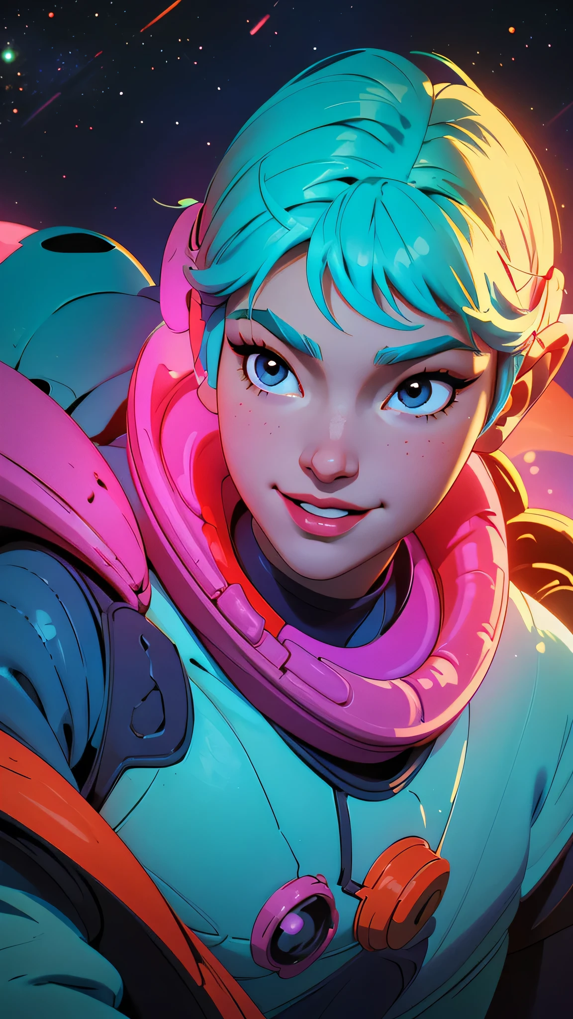 Cartoon-style image of a astronaut of Asian descent, wearing a large, futuristic helmet, playing in a colorful space setting full of stars, planets and nebulae in the background. The should be smiling and fun with vibrant colors. The setting should convey a sense of adventure and discovery.