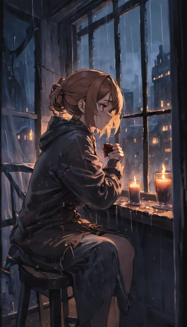"Imagine a young woman sitting by the window, having a hot coffee on a cold and rainy day. The light is dim, coming only from candles burned at a nearby table. The young woman is dressed in comfortable clothes, but her face is gloomy and thoughtful. She is looking out the window, at the rain that falls heavily on the city. Describe the feeling of isolation and helplessness that surrounds the young woman, who is sitting alone in a cold and dark house, thinking about life and her future."