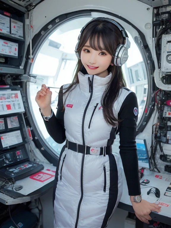 masterpiece, highest quality, Very detailed, 8K Portrait,Japanese Android Girl,plump , Control panel,Robotic arms and legs, Blunt bangs,,break (Metallic Gray, Metallic luster, Mirror finish, Astro Best):5,headphone:5,break (Black sleeves):100,Smart Watches,Futuristic space station,Control Room,break headphone,blue eyes,(Black Hair):2,(Long Hair):1.3,View the viewer,(respirator),break blush:3,Hidden Hand,smile