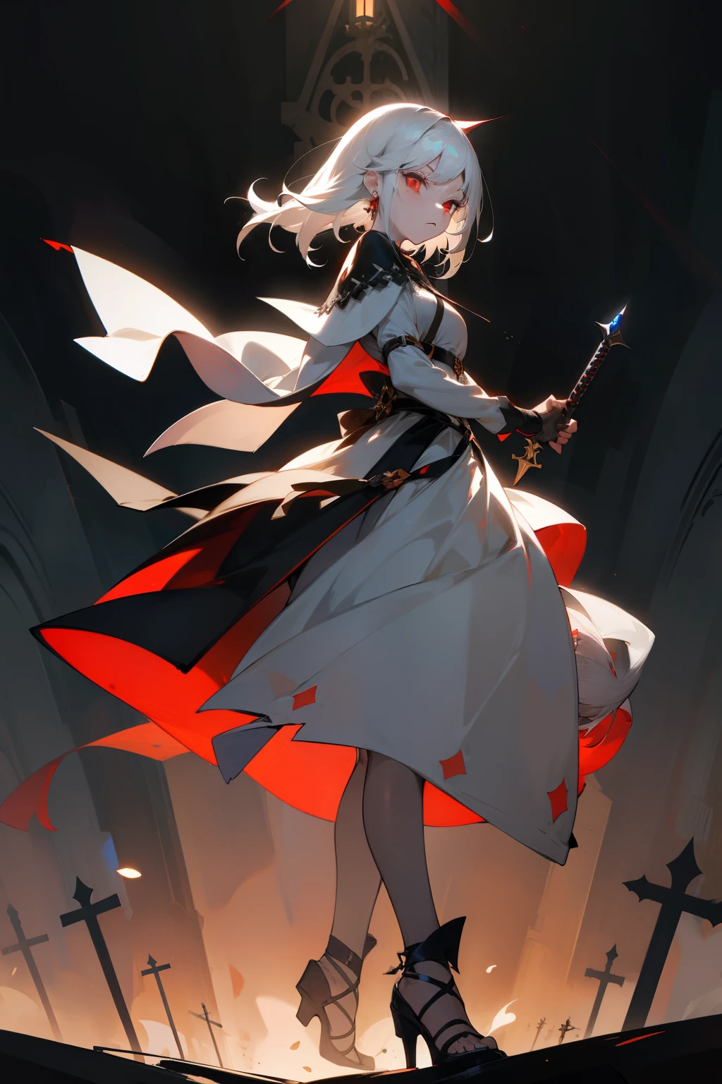 white-haired girl，short term, side bangs, gray skin, Red eyes, cross earring, occultist outfit, dagger in hand, full height, dynamic pose, A Close Look, night, The light from the lantern, against the backdrop of a medieval street and dark gates