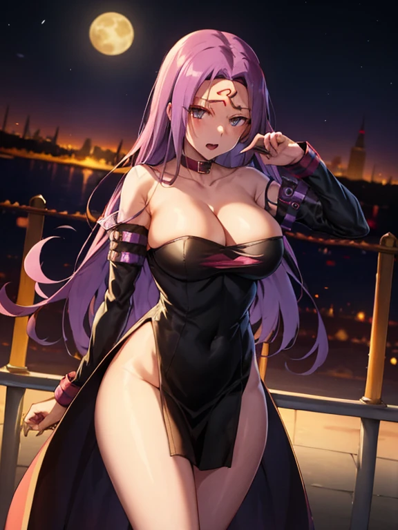 Best Quality, (masutepiece:1.2), Highly detailed,Fate/Stay in the background, Night, Cityscape, city, Moon, Blue theme,Medusa_nffsw,1girl in, Solo, jack-o pose, Looking at the viewer, open mouth,absurdly long hair, Purple hair, Floating hair,Dress, Short dress, thighs thighs thighs thighs, Strapless, Detached sleeves, forehead mark, Choker, cleavage、Naughty big、large full breasts、